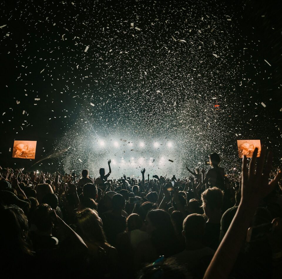 A festival crowd at night